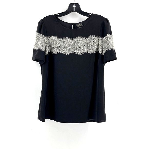 Worthington Industries Tops - Worthington Petite Women's Black Short Sleeve Lace Trim Top Shirt Size PM